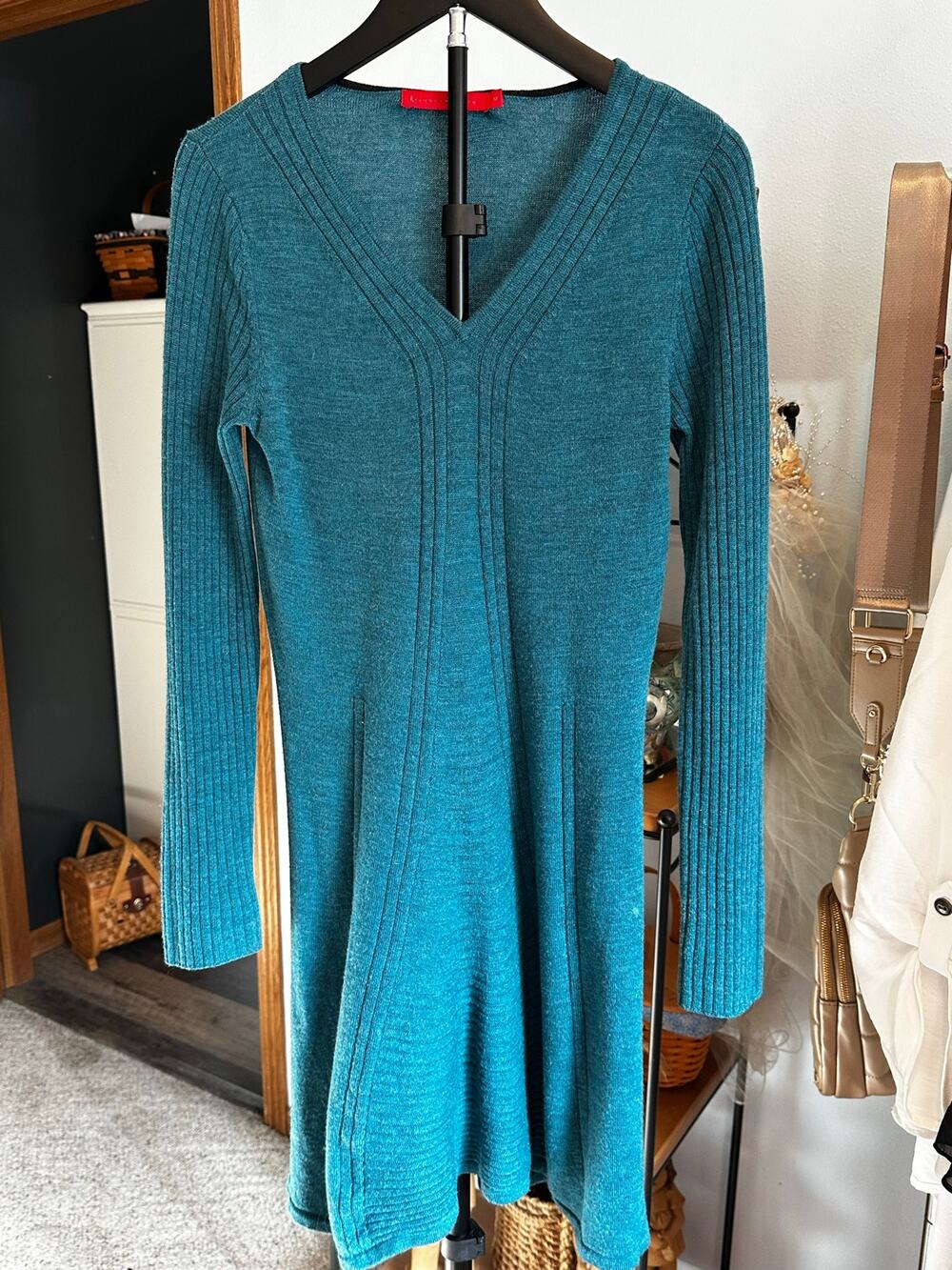 Krimson Klover Teal 100% Merino Wool V-Neck Ribbed Flare Sweater Dress M